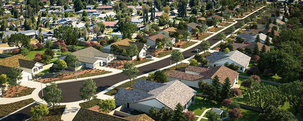 Aerial view of Countryside Estates, a community of single-story RC Hobbs ranch homes in Jurupa Valley