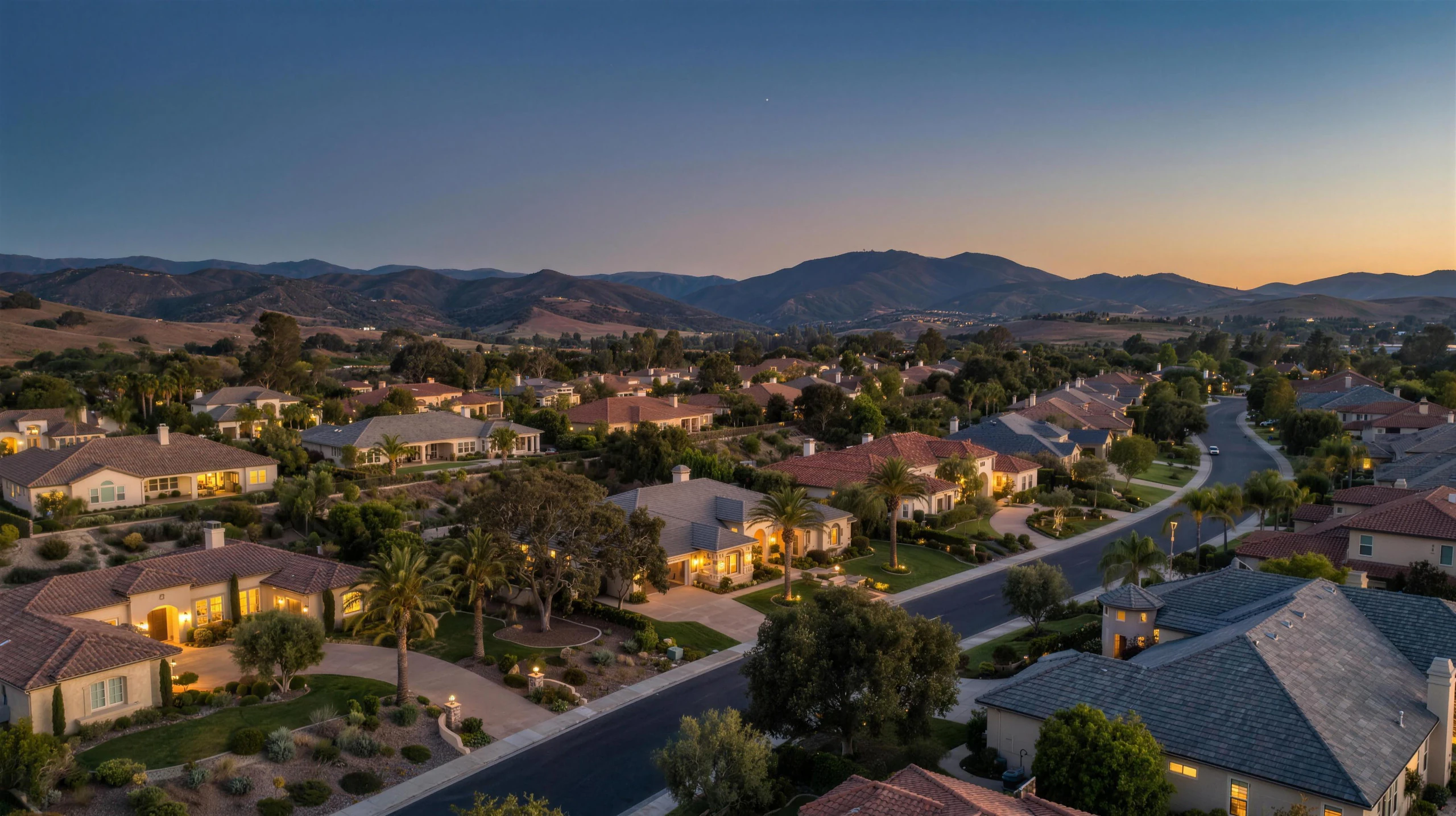 An RC Hobbs community at blue hour, windows glowing warm against a dusk sky over the foothills